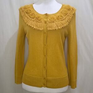 New York & Company Floral Rosette Ruffles Fringe Applique Cardigan Mustard Small